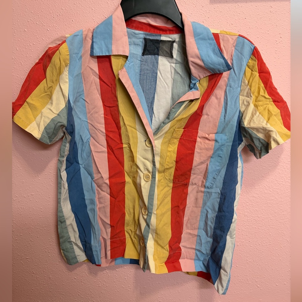 REFORMATION rainbow multicolor striped tencel button up boxy cropped shirt XS